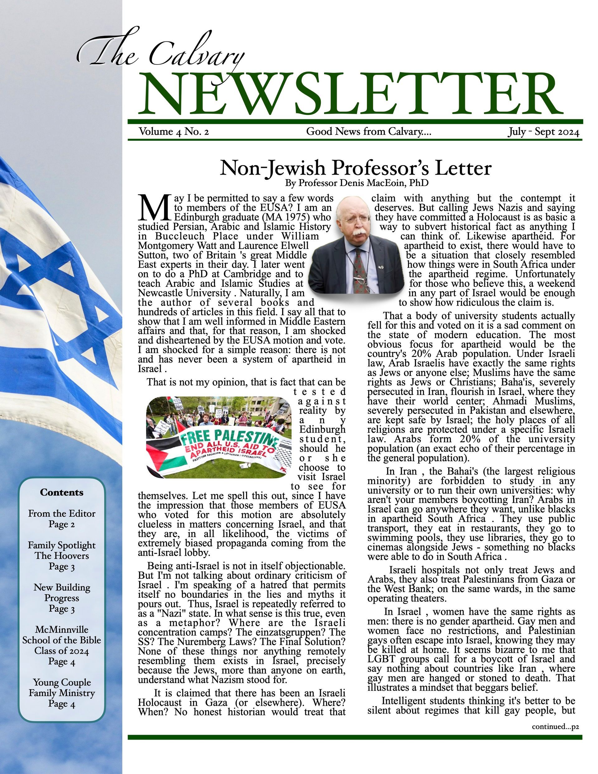Newsletter with text, photo of man, Israeli flag, Palestinian protest image.