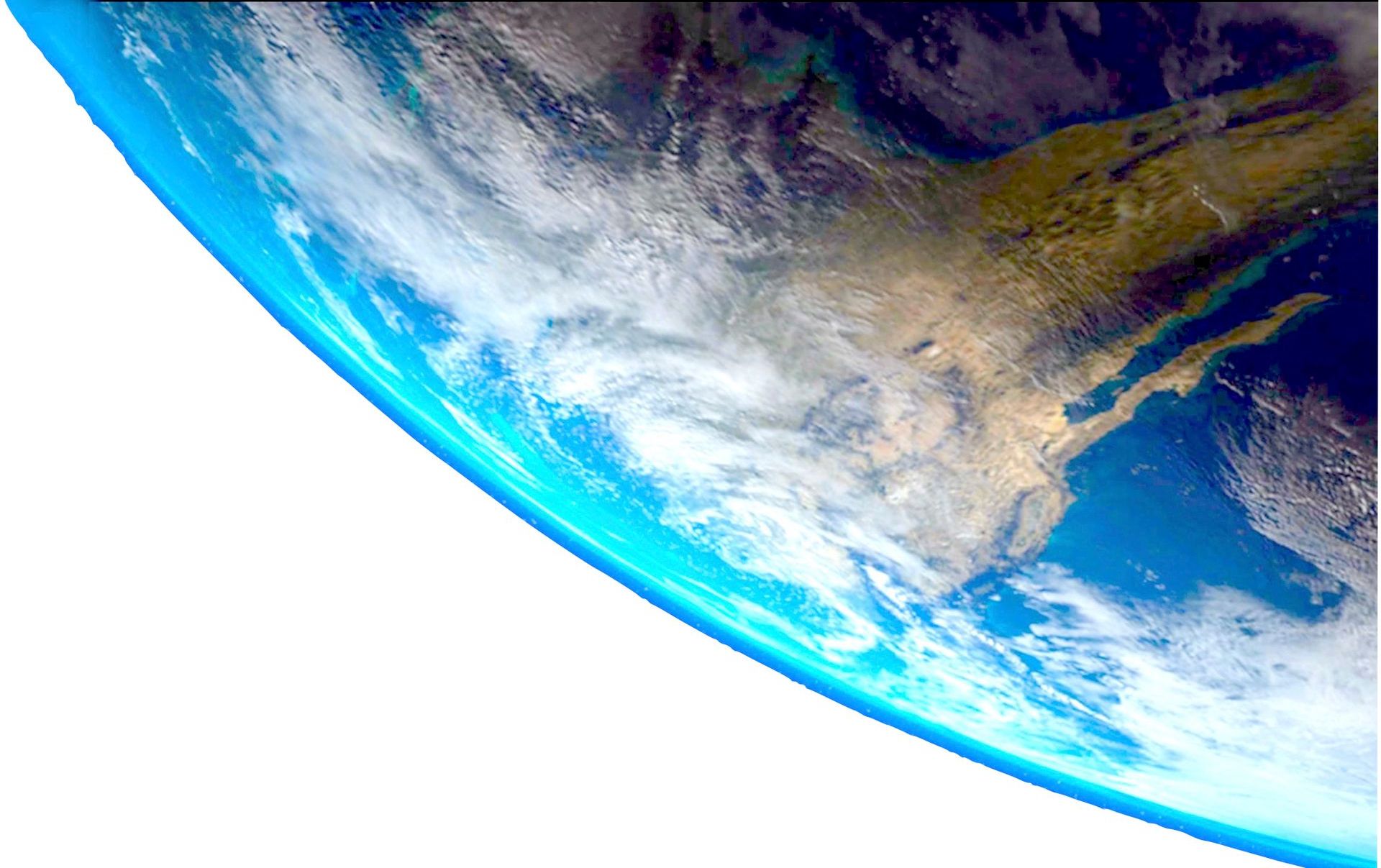 Earth from space: blue ocean, brown landmasses, white clouds, and bright blue atmosphere.