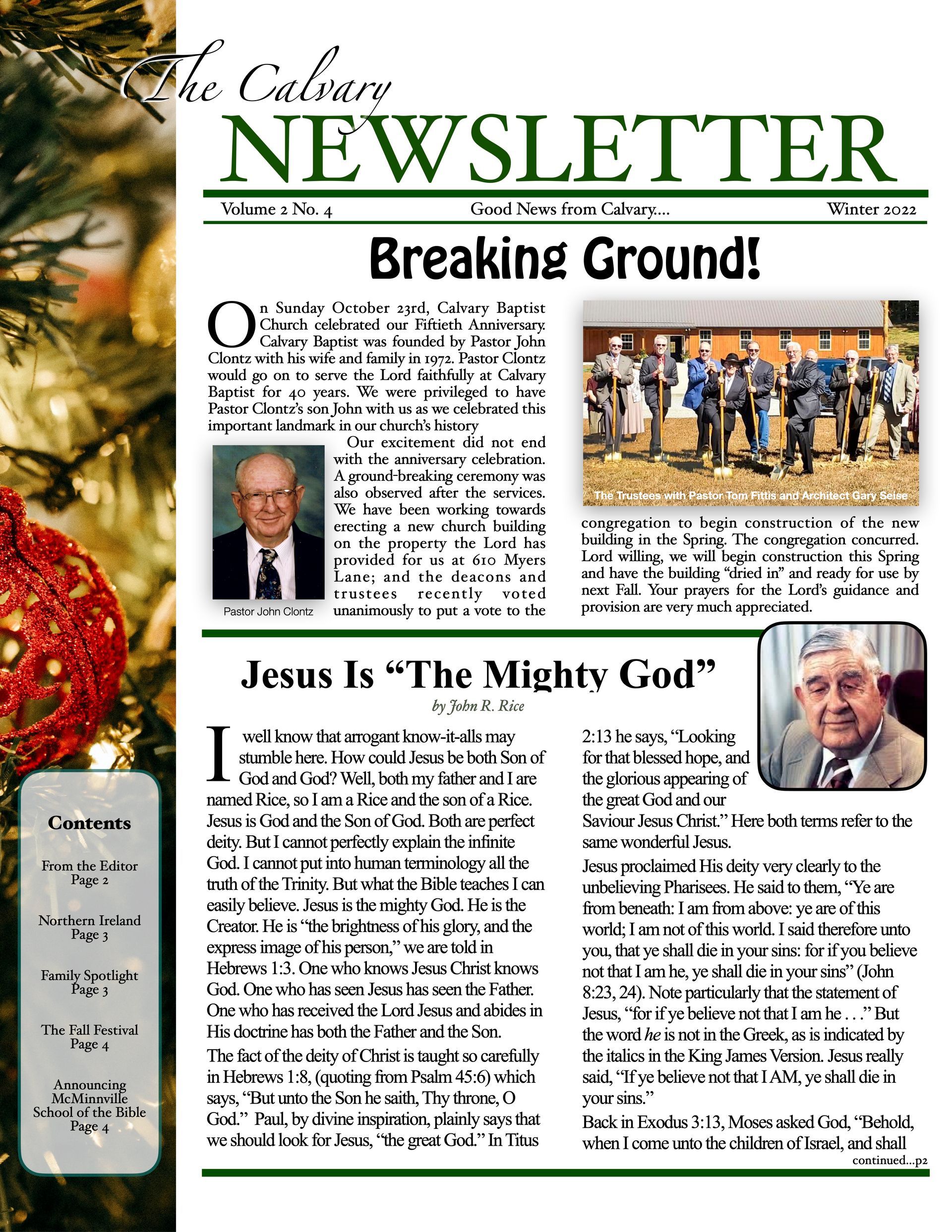 Newsletter for Calvary Church with a headline 