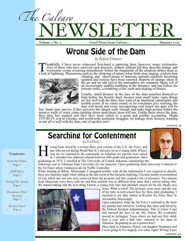 Newsletter front page with articles 