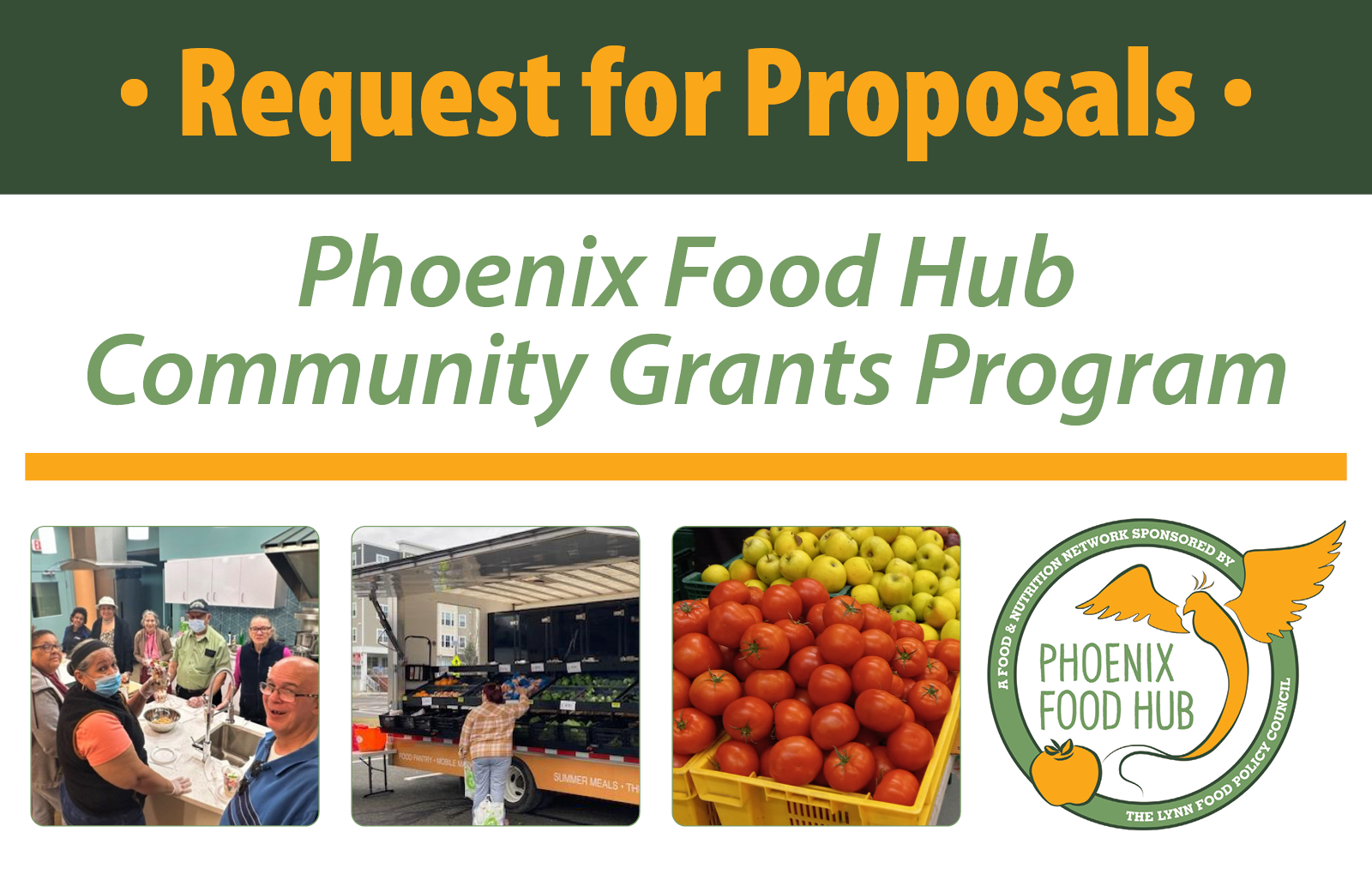 Request for Proposals: Phoenix Food Hub Community Grants Program banner with produce and market photos