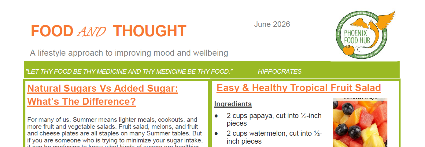 Food and Thought newsletter with green header and two article boxes about nutrition, plus a fruit photo on the right.