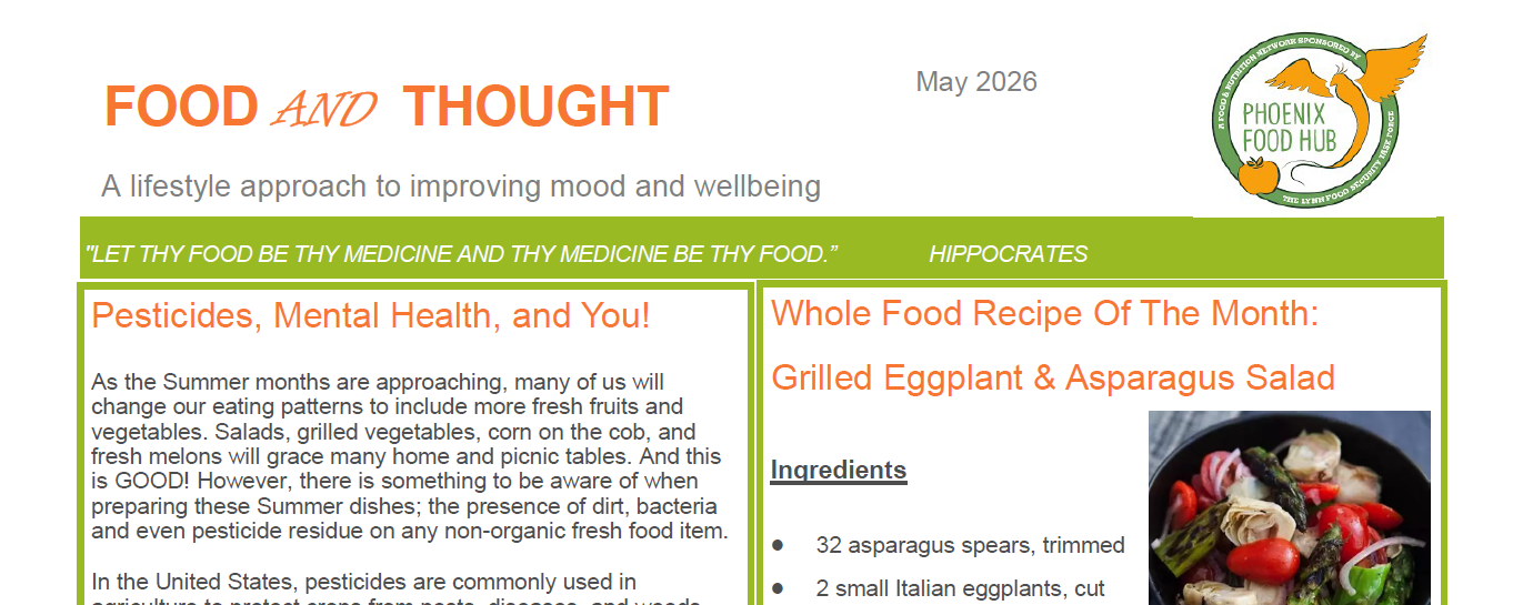 Food and Thought newsletter page with article headlines and a fruit bowl photo