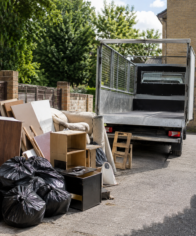 Overflowing rubbish bags and cardboard beside a truck on a residential street