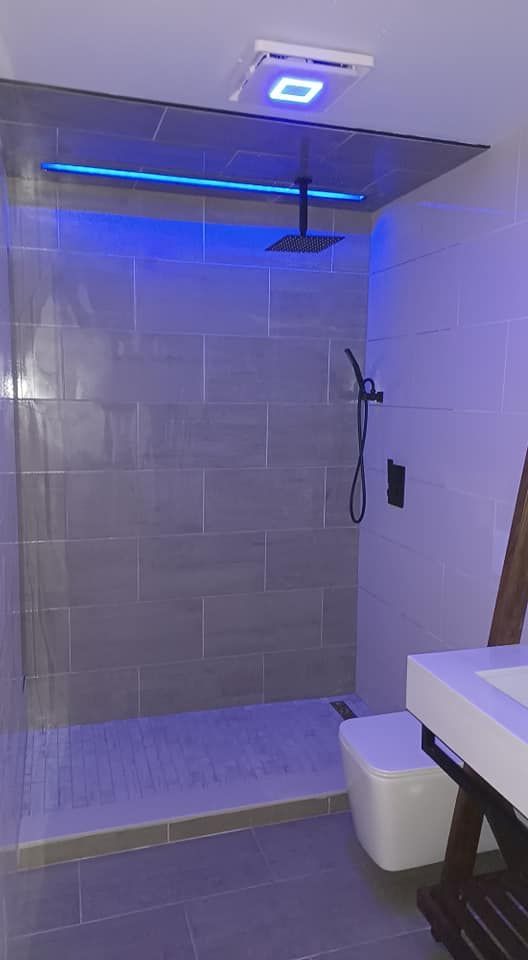 A bathroom with a walk in shower , toilet and sink.