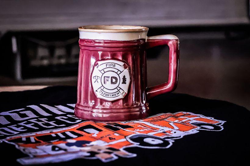 Burgundy ceramic mug with firefighter emblem - Virginia Beach, Chesapeake, Smithfield, Norfolk, Hampton, Suffolk, VA