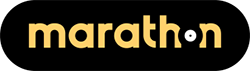 Marathon logo with a gold-colored wordmark on a black rounded rectangle; the