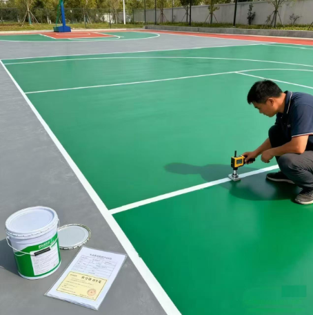 Technician carefully marking crisp white boundary lines on a green sport court using a measuring tool during a court installation service in Chandler, AZ