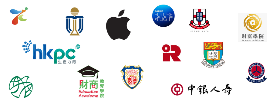 Logos of various organizations, including Apple and the University of Hong Kong, arranged in a grid.