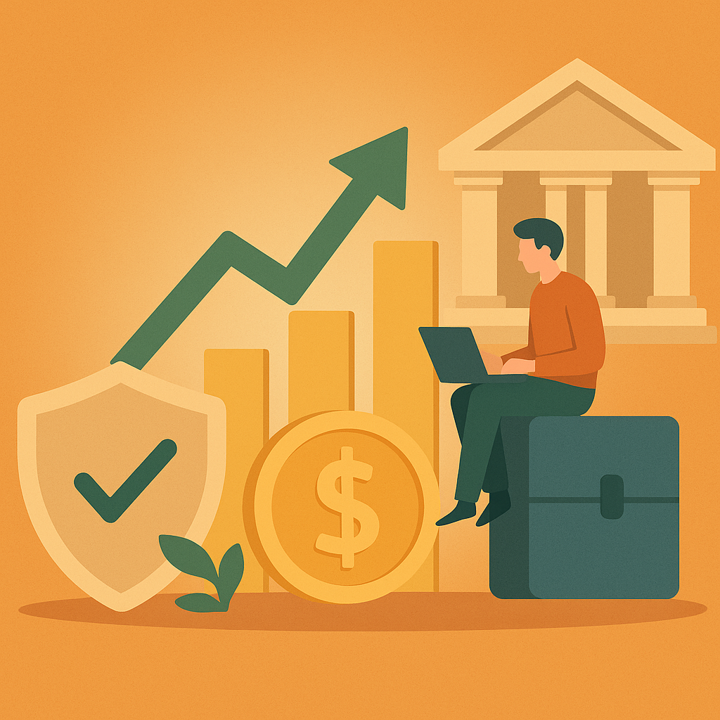 A person using a laptop sits next to a briefcase, with a shield, money, and a rising graph in front of a bank, suggesting financial growth and security.