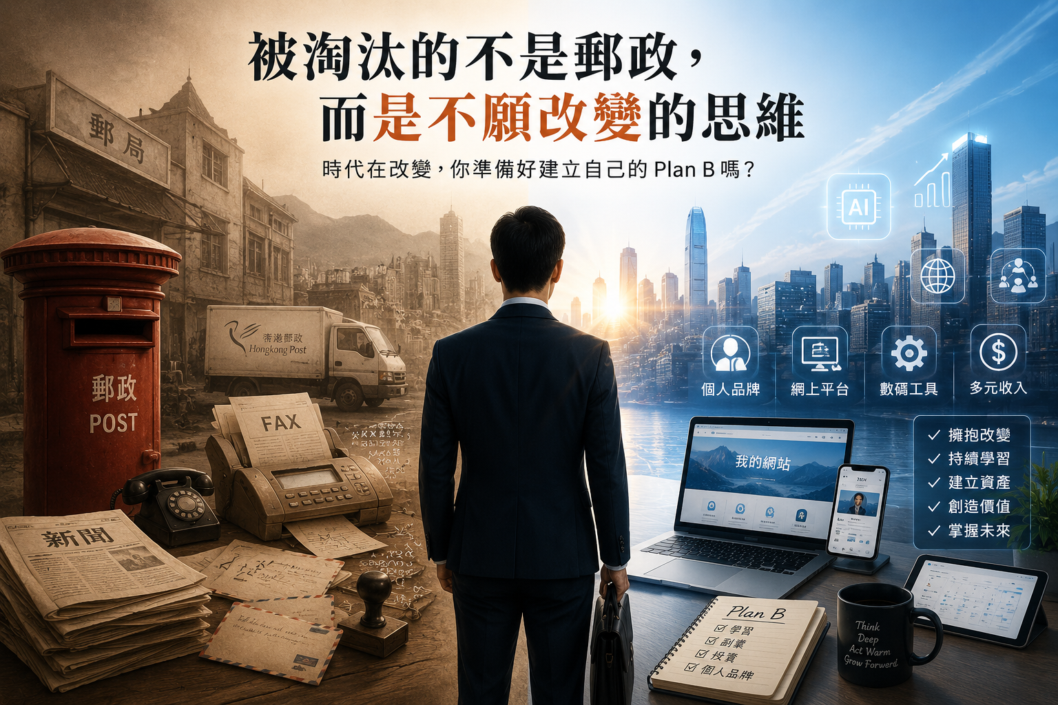 反映時代轉型與未來工作的意境圖,展示傳統郵政與數碼世界的對比,以及建立個人品牌、多元收入和 Plan B 的重要性