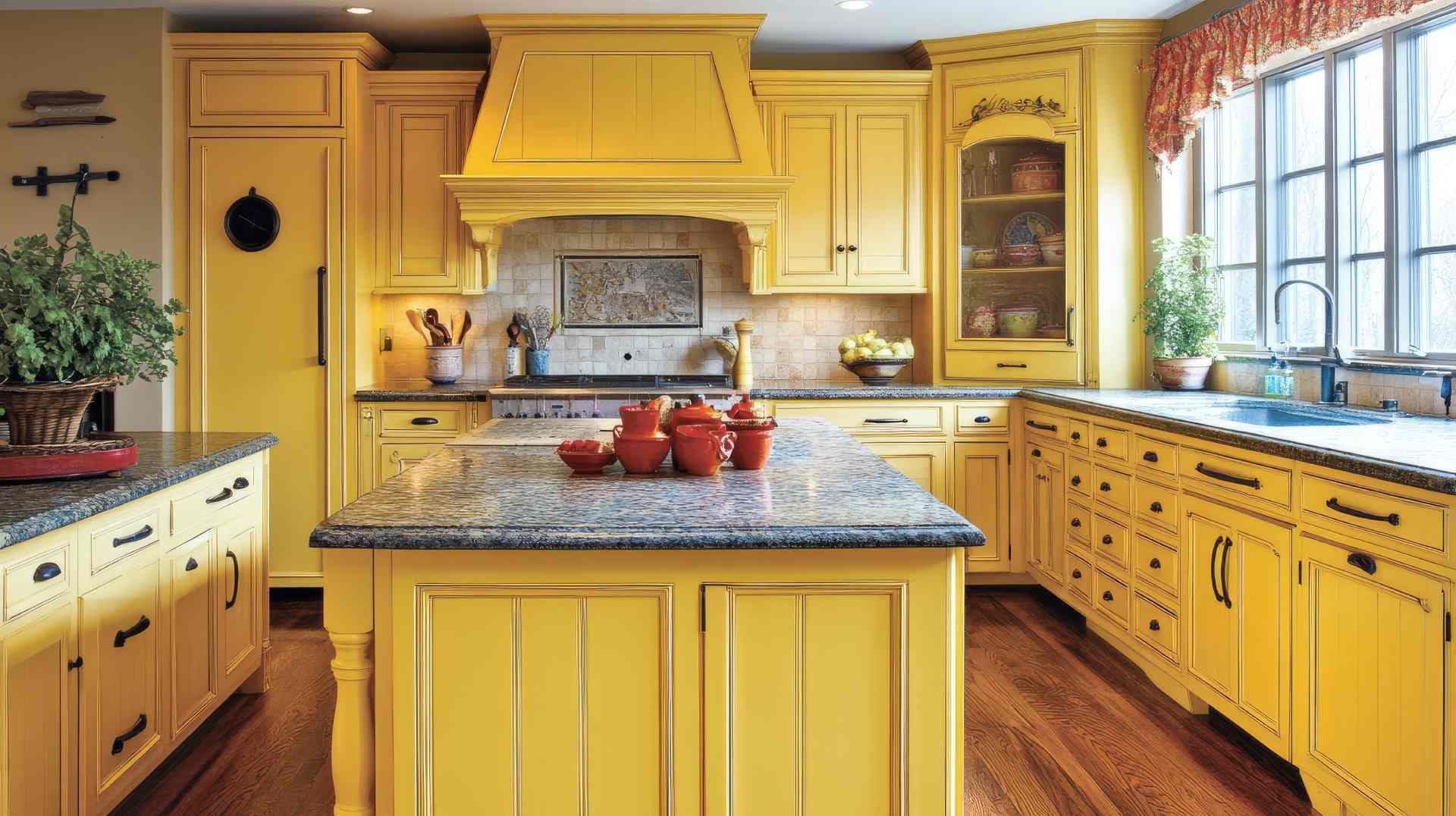 A kitchen with yellow cabinetry and off-white walls and ceilings near Johnson City, Tennessee (TN)
