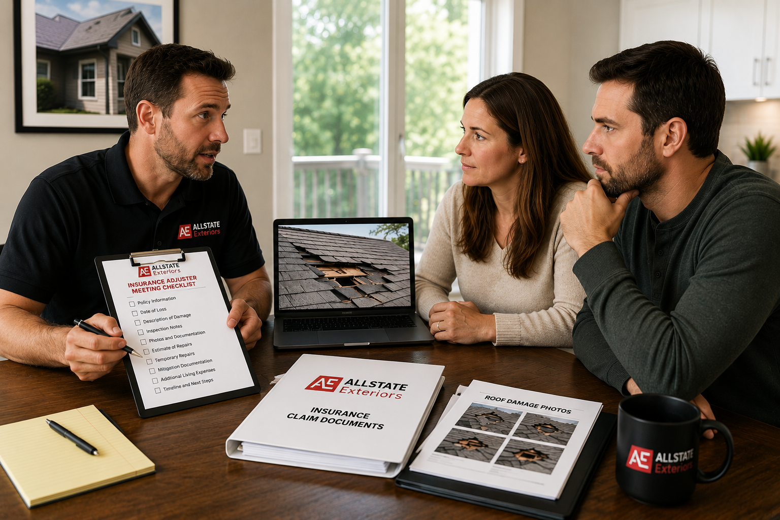 Three people review roofing estimates at a table with brochures, a laptop, and a coffee mug.