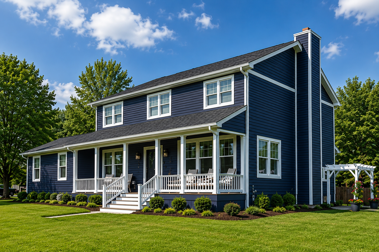 Blue two-story house with white trim, front porch, and green lawn under a bright sky