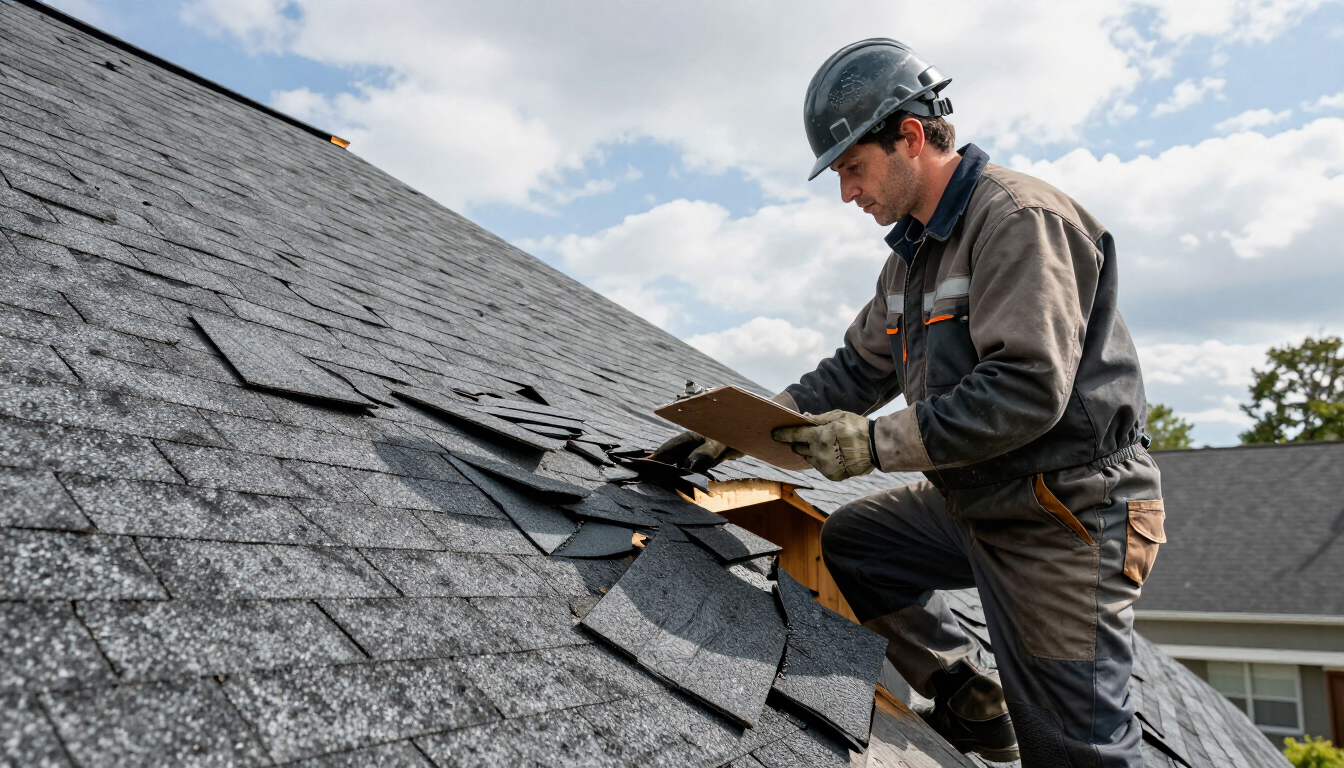 Worker repairing gray shingle roof with hammer on a house under a cloudy sky