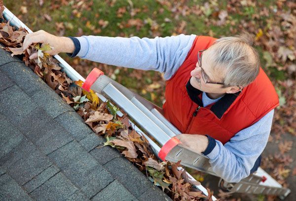 a man on a ladder is cleaning a gutter on a roof