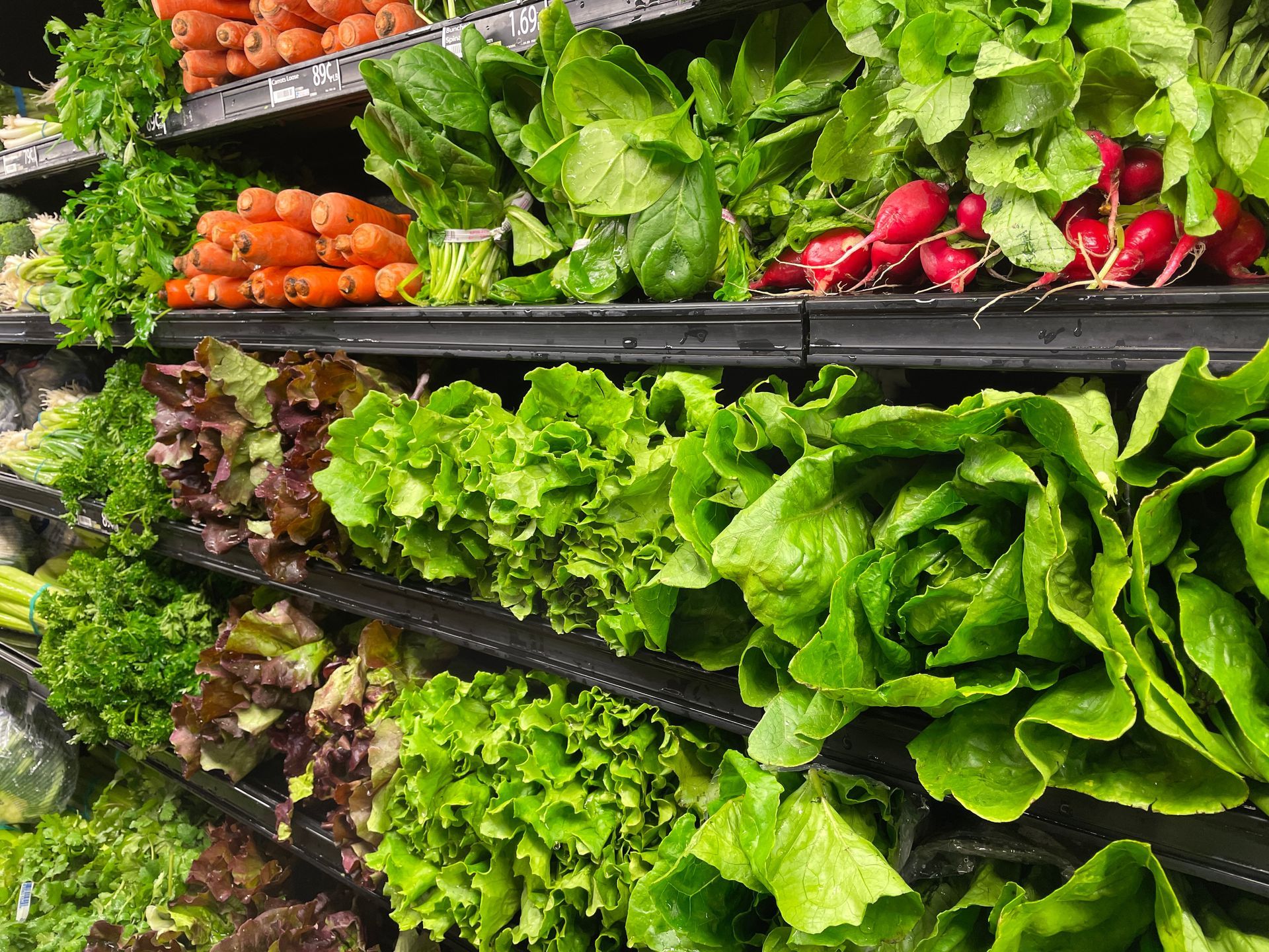 Fresh leafy greens, carrots, and radishes displayed in supermarket produce shelves.