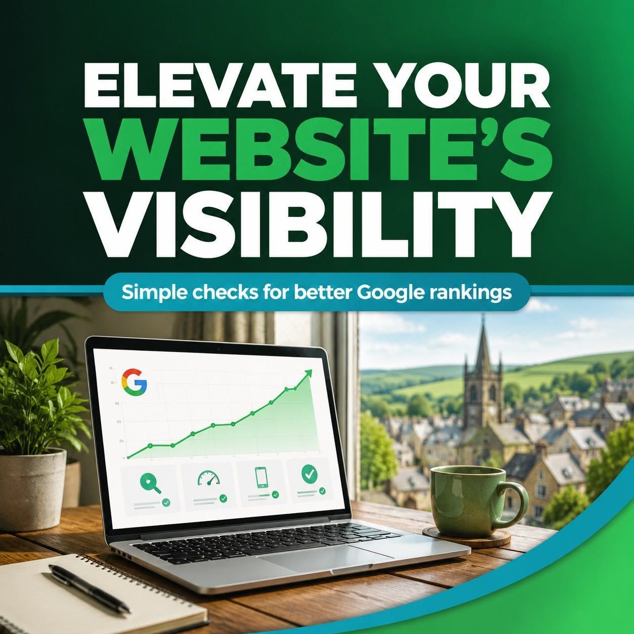 Website visibility SEO graphic with laptop analytics, Google chart, and text “Elevate your website’s visibility”