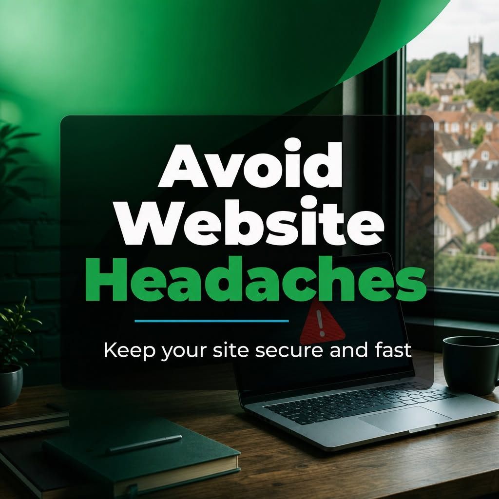 Green-themed website security promo with laptop and desk, reading “Avoid Website Headaches” and “Keep your site secure and fast”