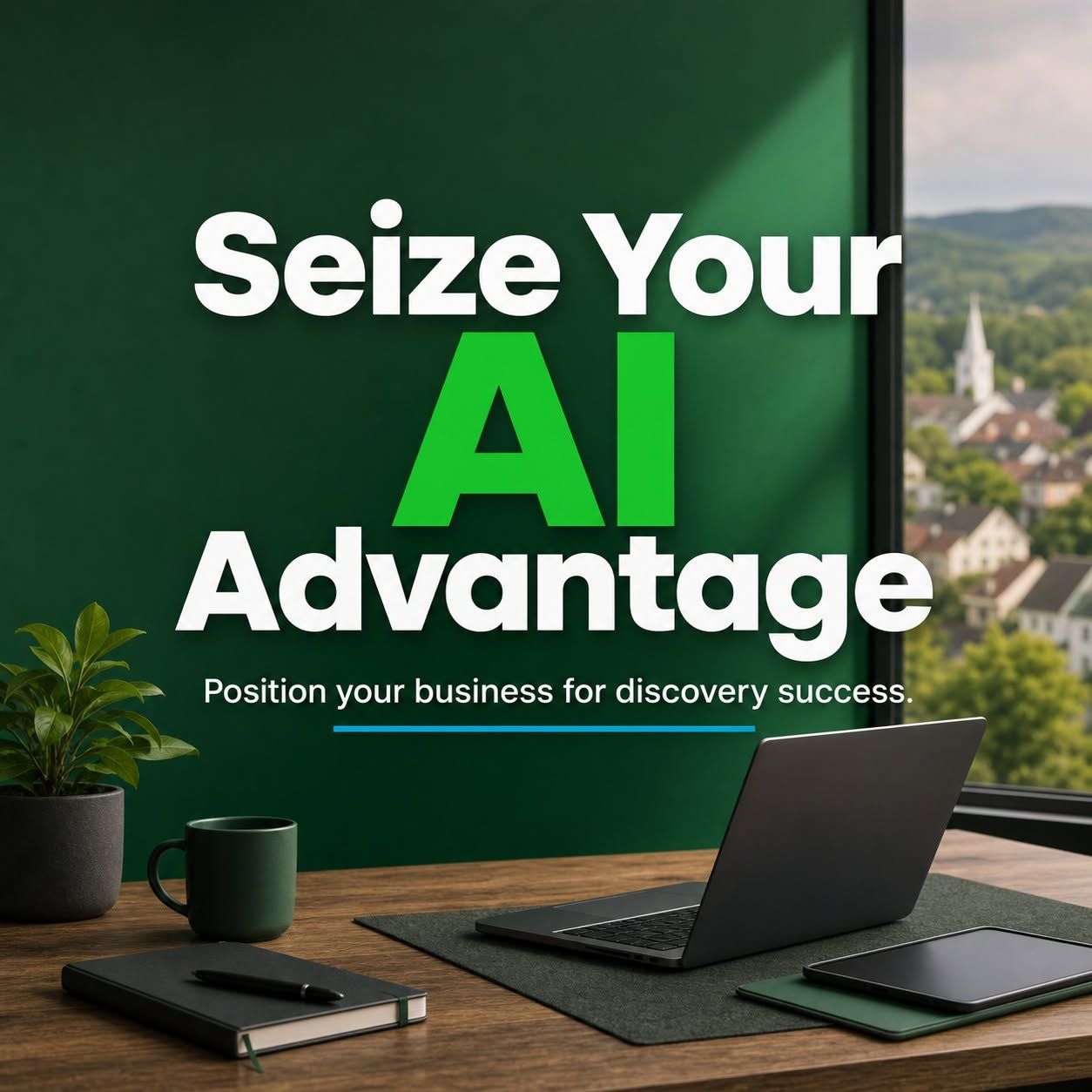 Promotional desk scene with laptop and text: “Seize Your AI Advantage” and “Position your business for discovery success.”