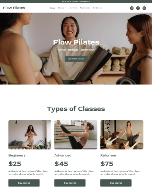 Website promoting Flow Pilates with images of classes, pricing, and people.