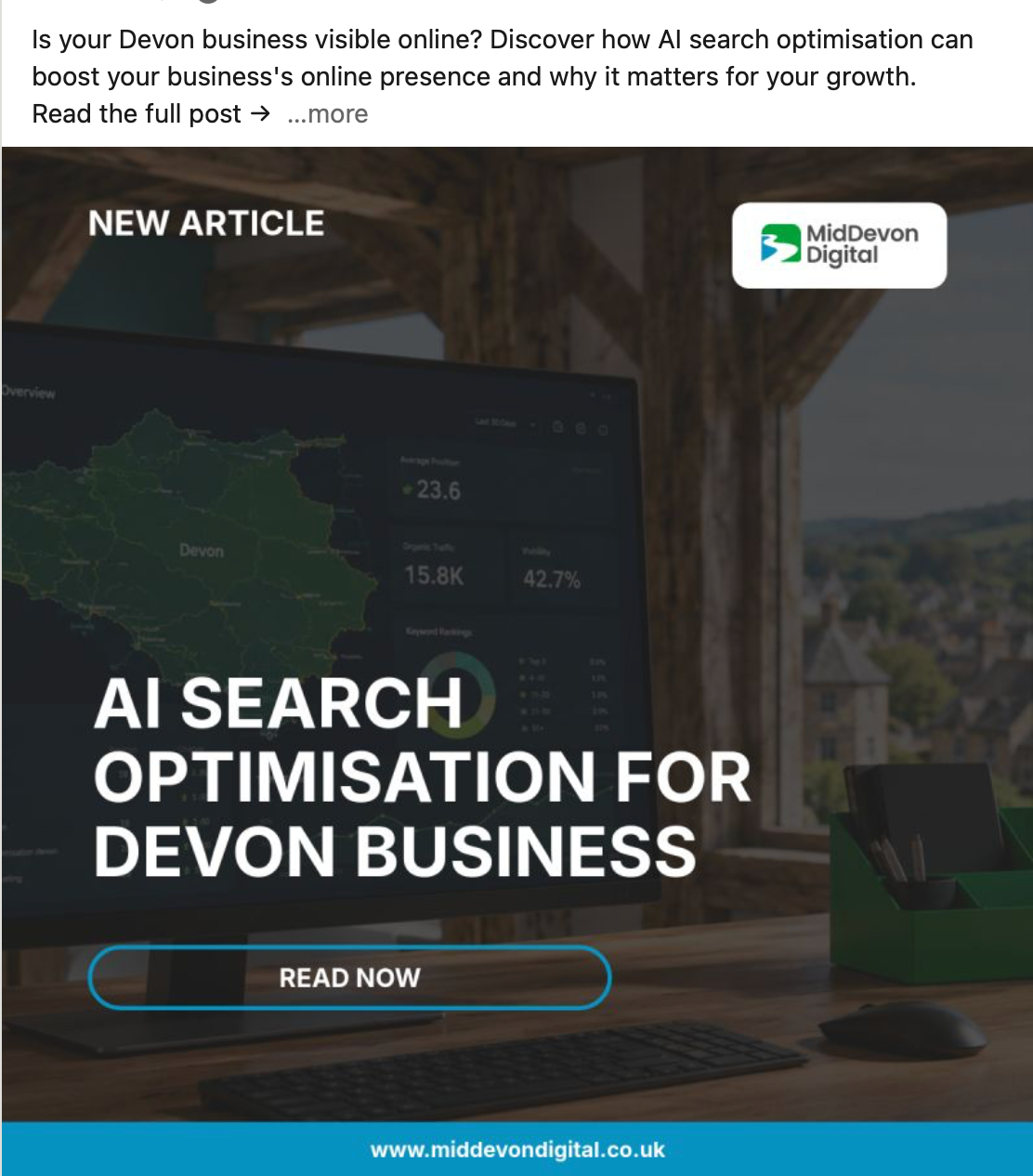 Website article banner: “AI Search Optimisation for Devon Business” with laptop on desk and “Read now” button