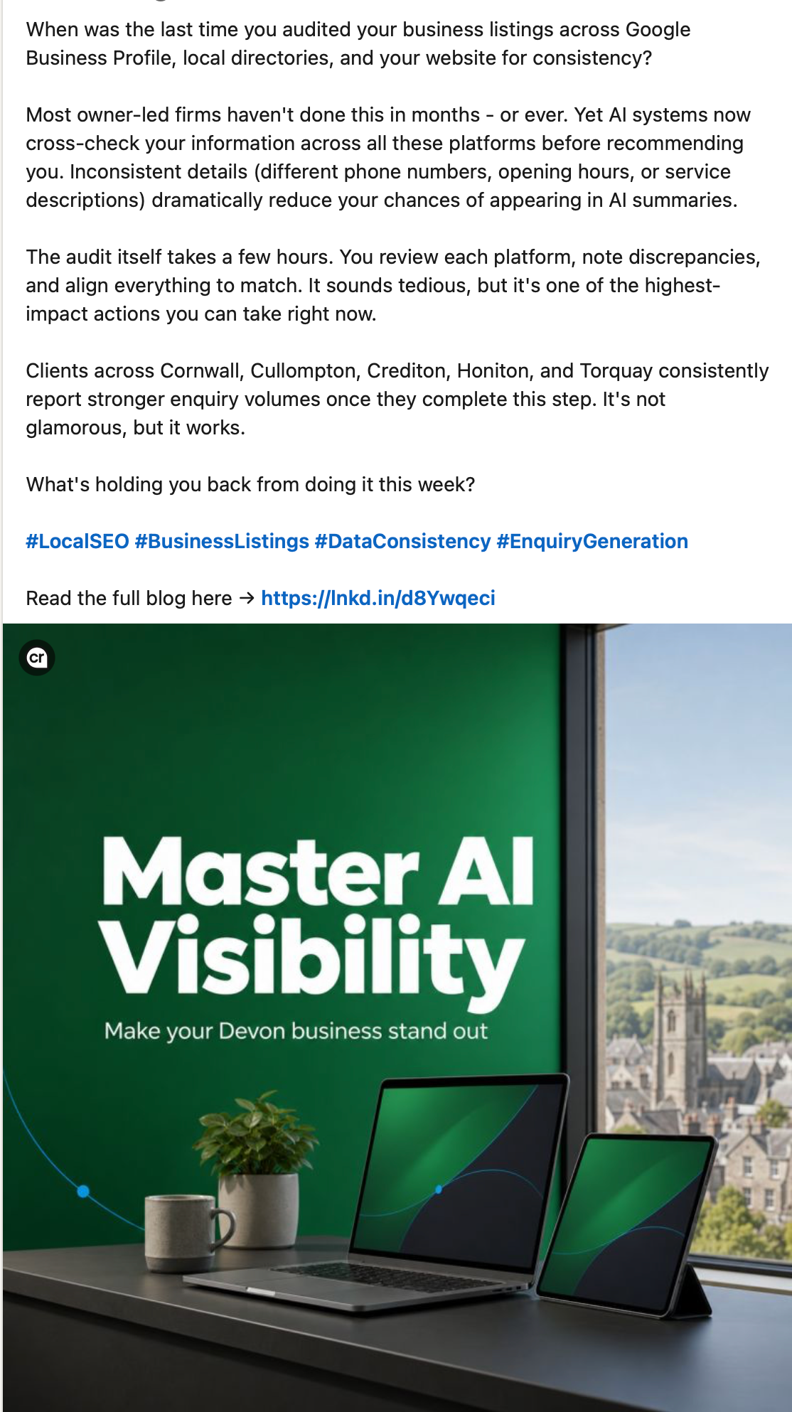 Green laptop promo on desk by window with bold text “Master AI Visibility”