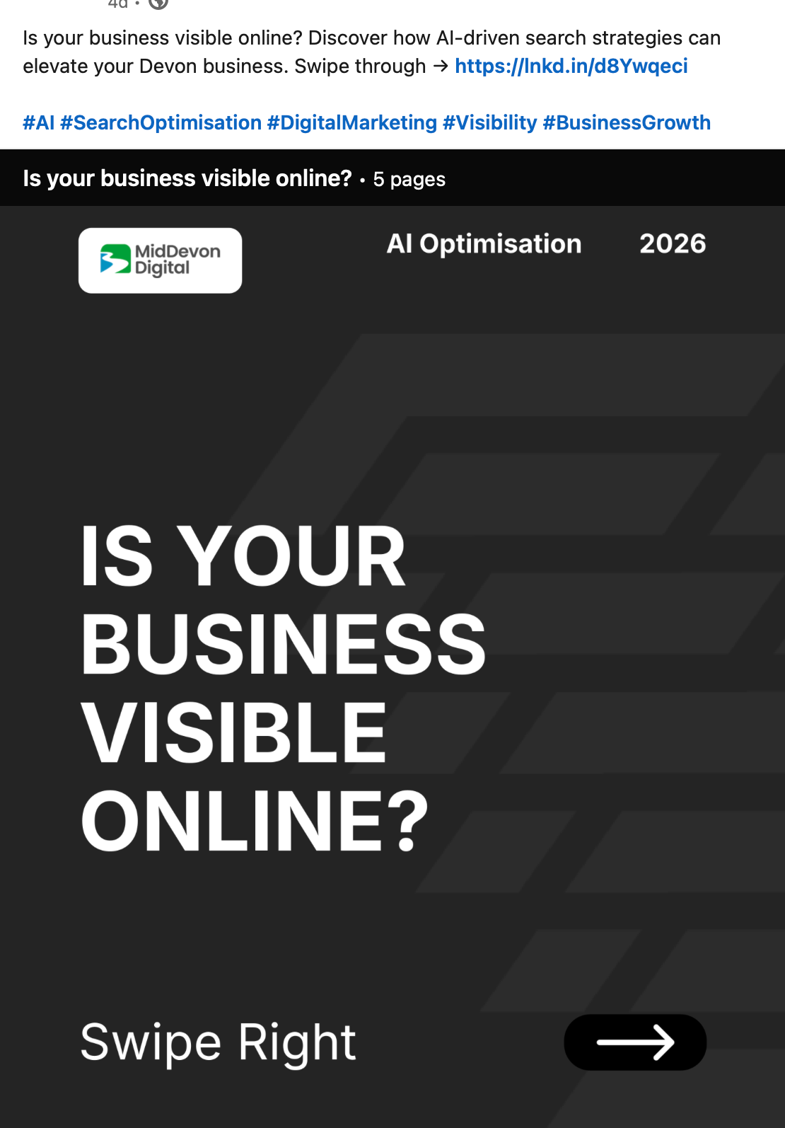 Dark ad banner asking “IS YOUR BUSINESS VISIBLE ONLINE?” with “Swipe Right” and a right arrow.