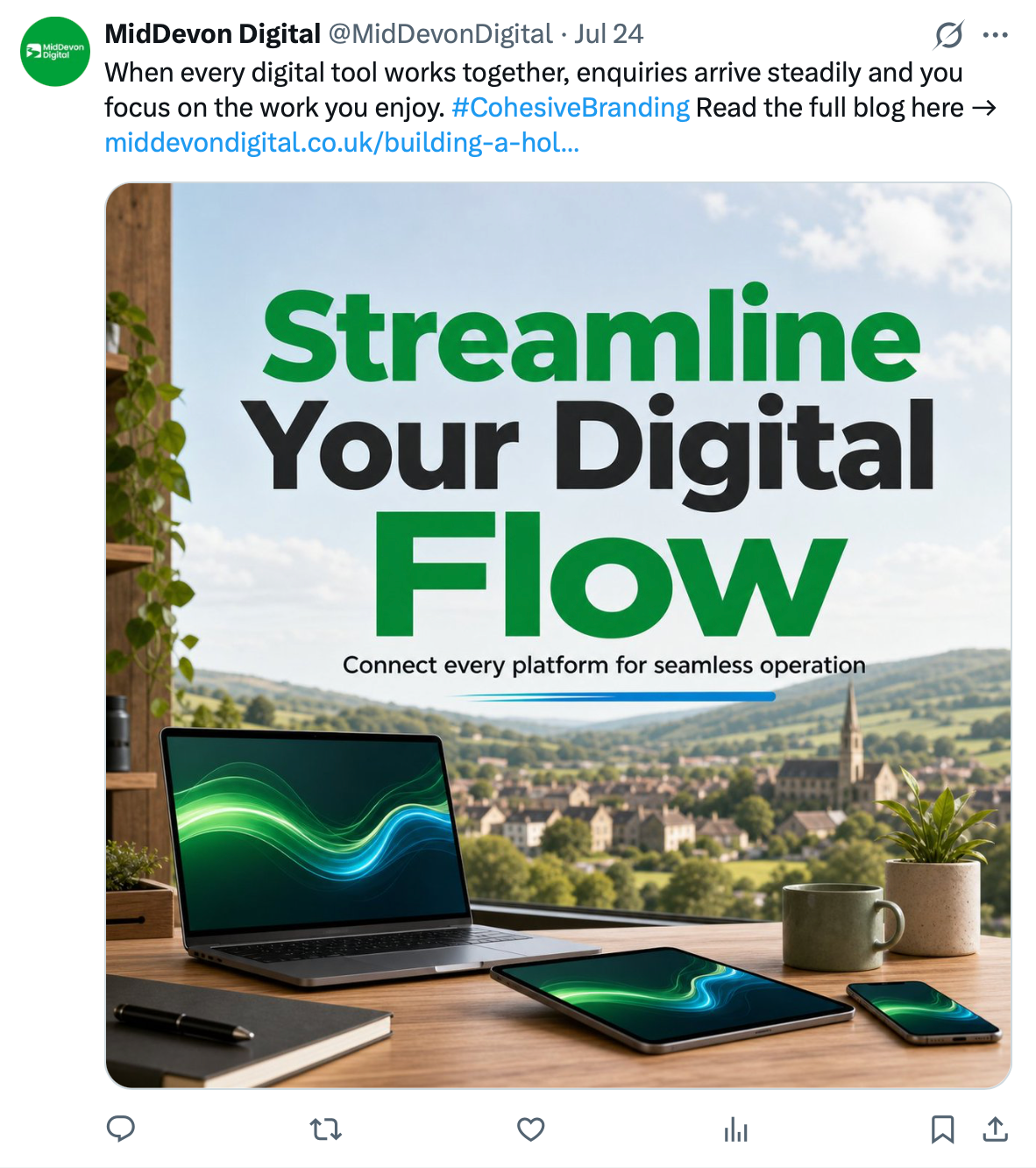 Laptop and phone with green wave graphic under text “Streamline Your Digital Flow” over a city view