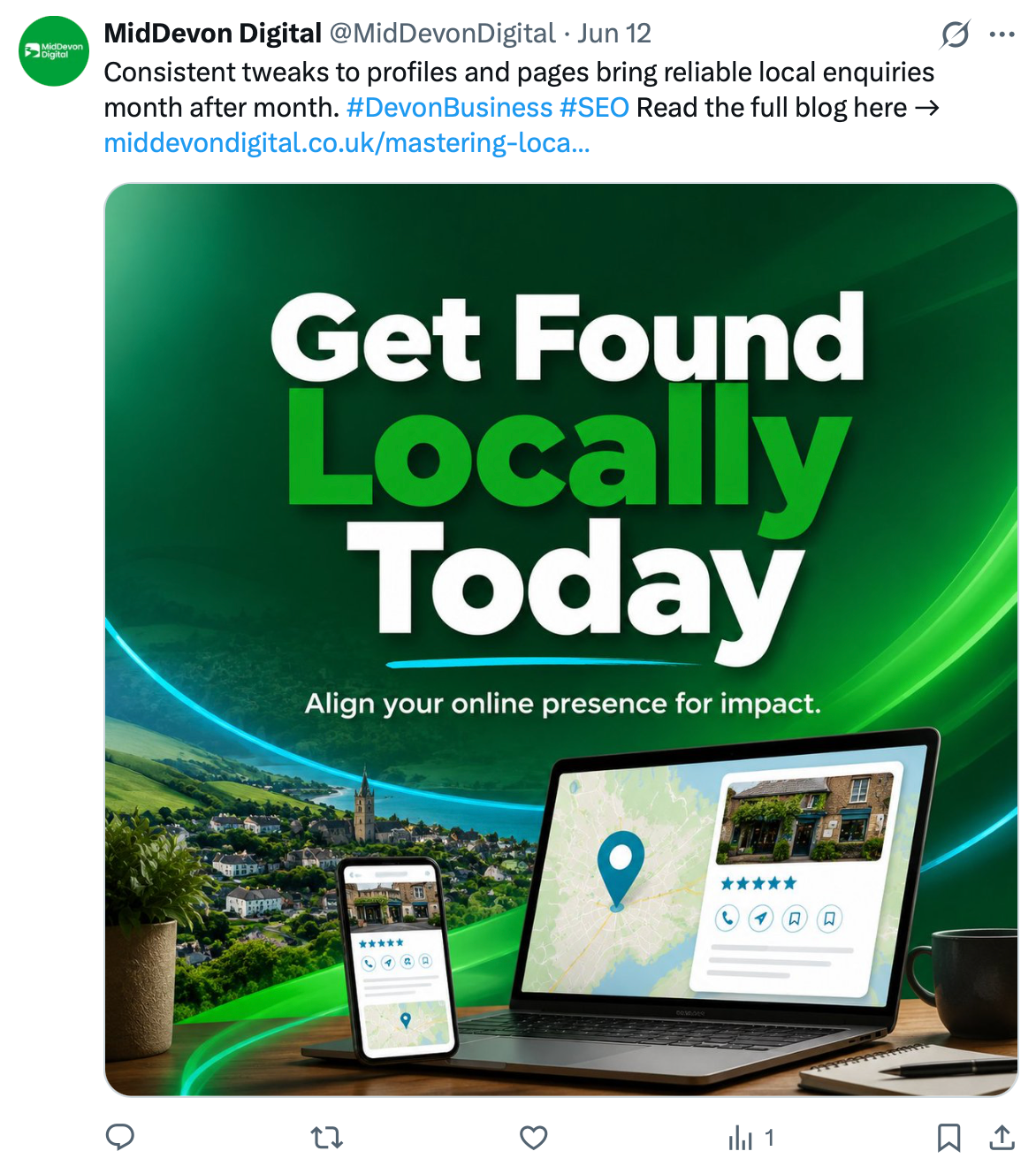 Green marketing ad: “Get Found Locally Today” with website mockups on phones and laptop over a landscape background
