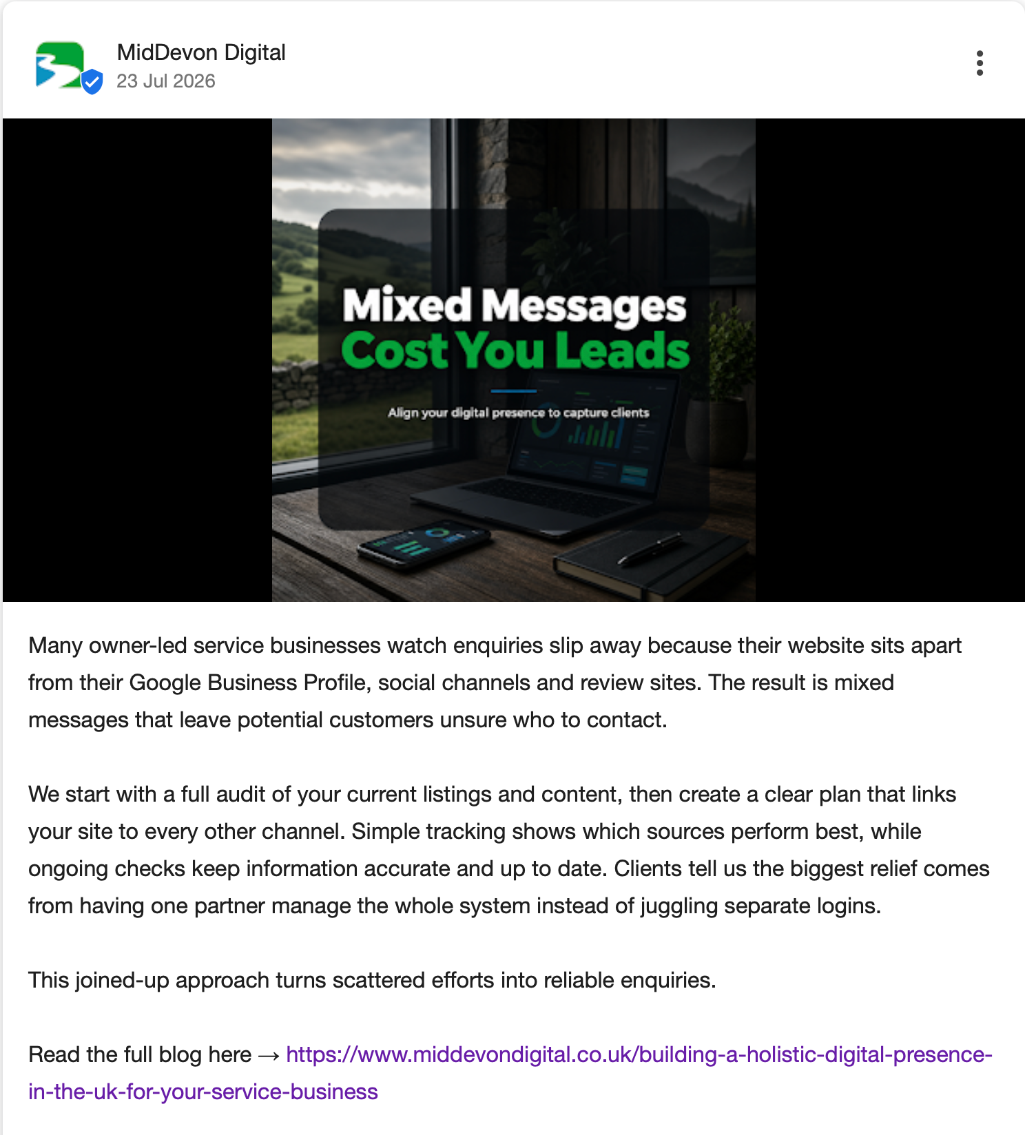 Web page ad with a laptop graphic and headline “Mixed Messages Cost You Leads” in white and green text