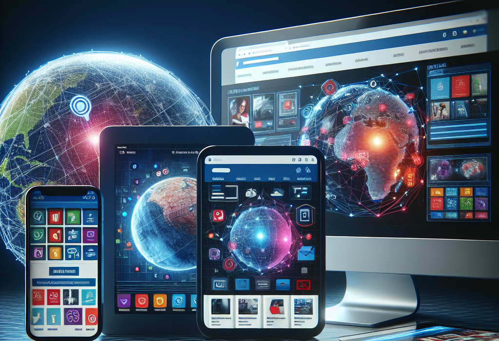 Digital devices (phone, tablet, computer) displaying global network visualizations and app interfaces.