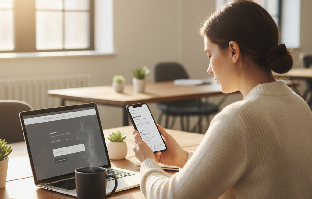 Woman using laptop and smartphone at a desk. Login screen on laptop. Cup of coffee present.
