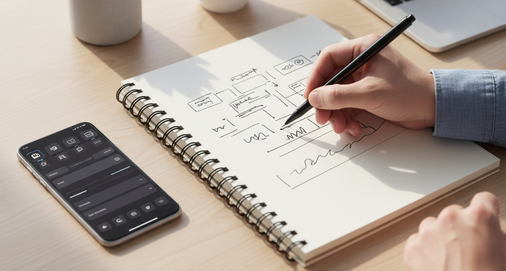 Person sketching on a notepad, smartphone on the left, desk.