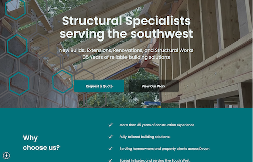 Structural Specialists website homepage with teal hero banner, bridge photo, and request-a-quote button
