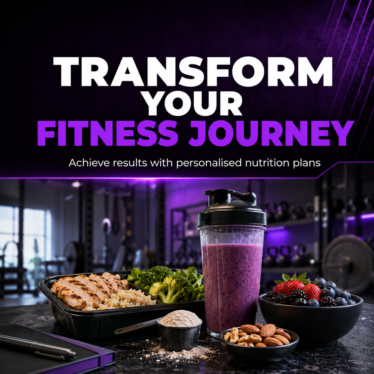 Fitness meal prep ad with purple text, a smoothie, salmon, greens, nuts, and berries on a kitchen counter