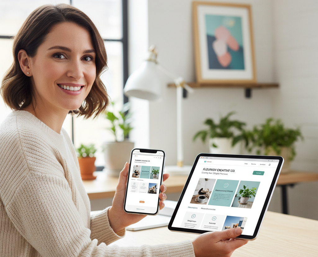 Woman smiling, holding a phone and tablet showcasing a website in a home office setting.