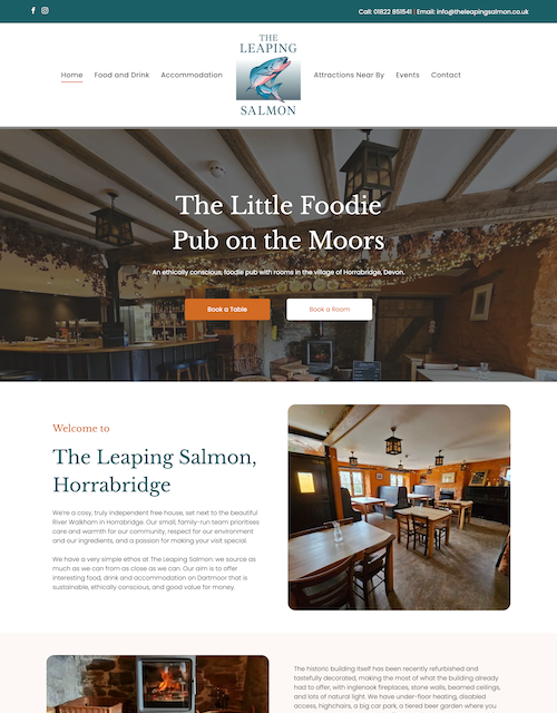 Pub website for The Little Foodie pub on the Moors with a hero photo and “Book Now” button
