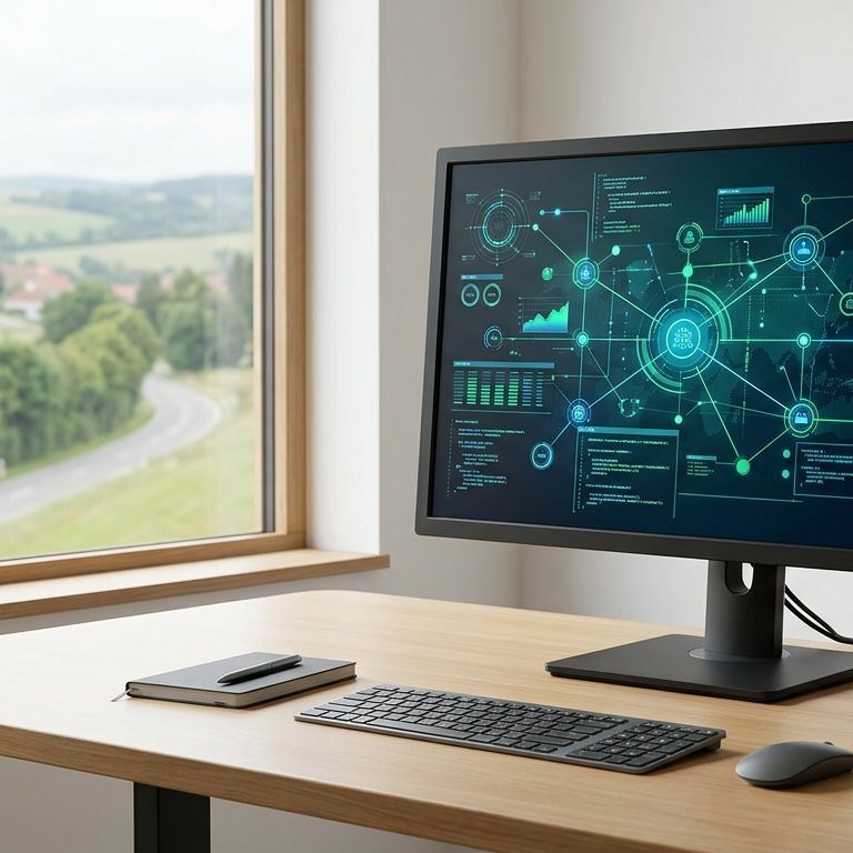 A tablet showing a website design on a desk by a window overlooking a Devon town