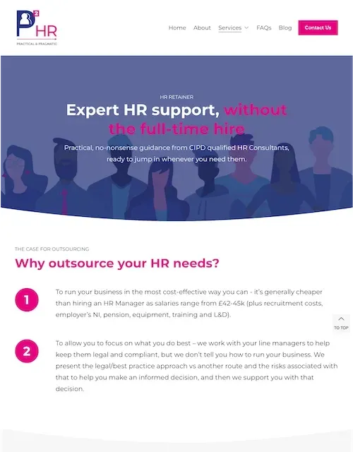 HR services website homepage with purple hero banner and headline about expert HR support without full-time hire
