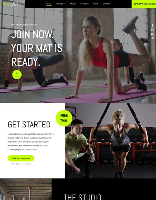 People exercising at a studio, website homepage.