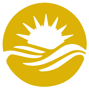 Yellow circle logo with white sunrise over wavy lines, resembling sun over water