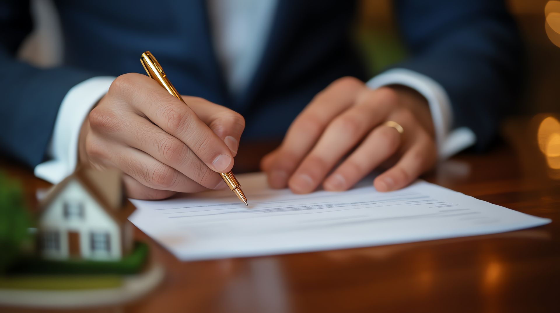 A man in a suit signing title insurance documents at a desk with a wooden house model nearby A man in a suit signing title insurance documents at a desk with a wooden house model nearby