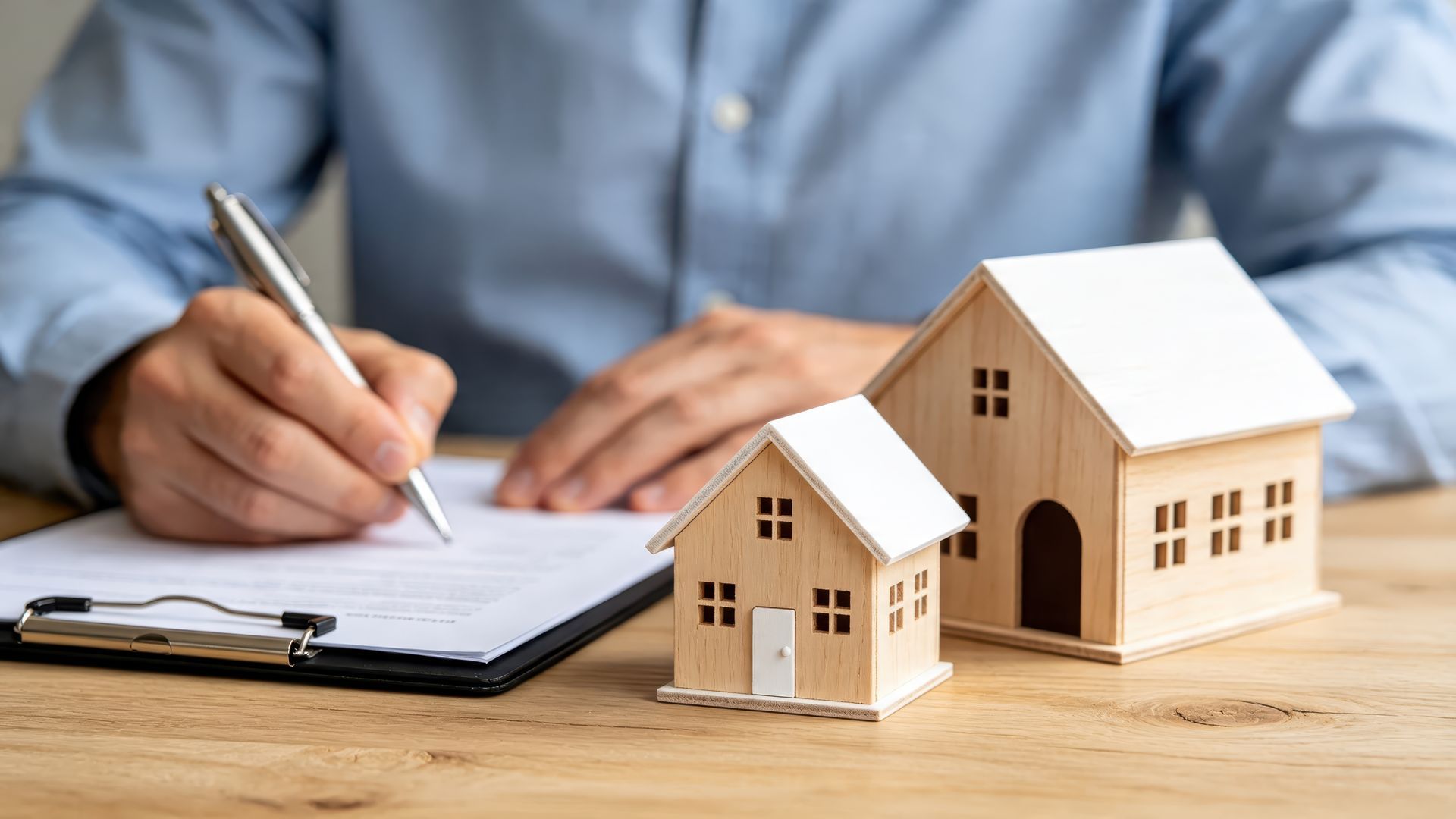 Close-up of a person signing real estate closing documents beside small wooden house models. Close-up of a person signing real estate closing documents beside small wooden house models.