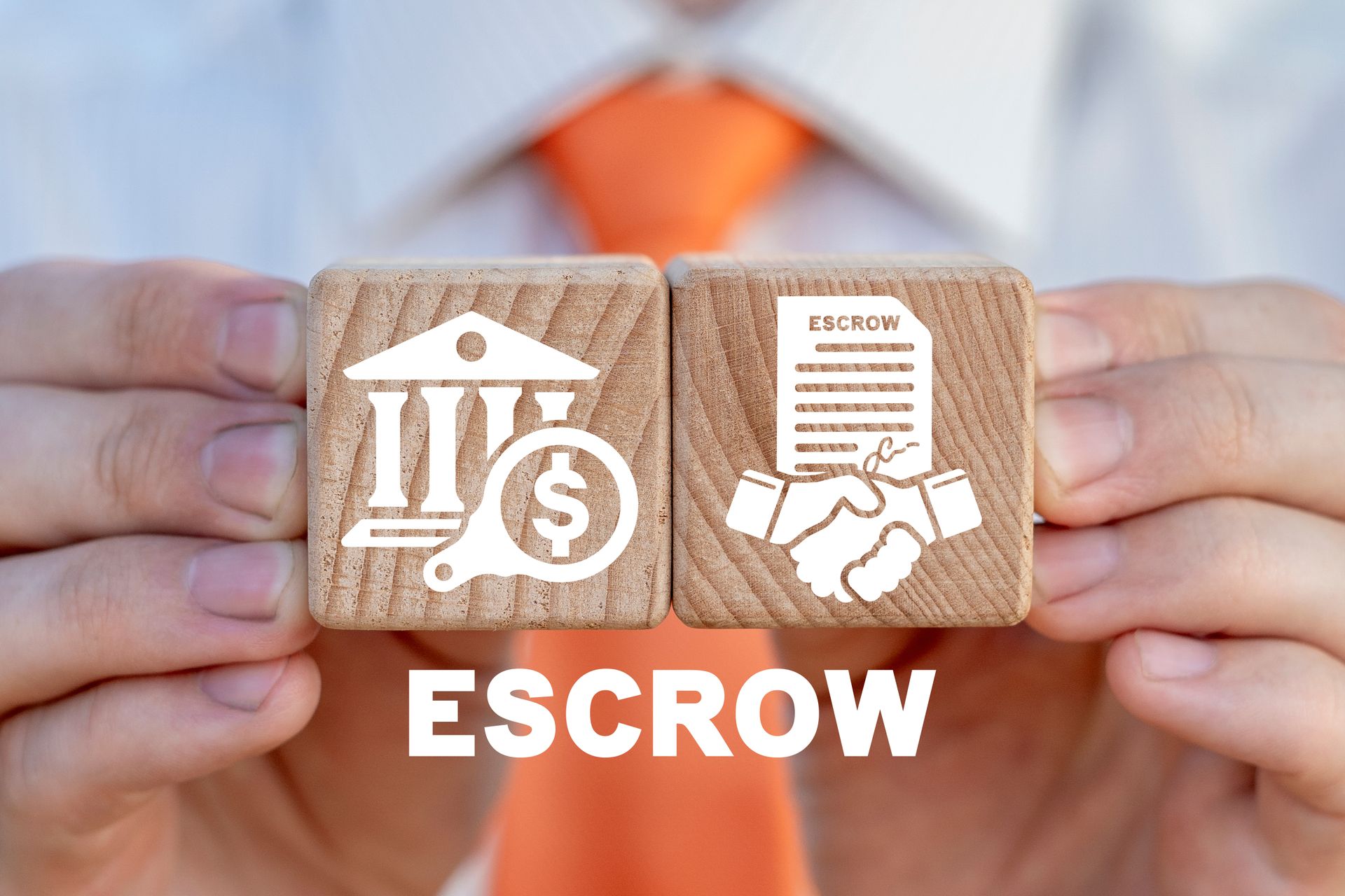 Person holding wooden blocks with escrow banking and document icons