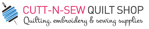 CUTT-N-SEW Quilt Shop logo with blue sewing machine and pink text, “Quilting, embroidery & sewing supplies”