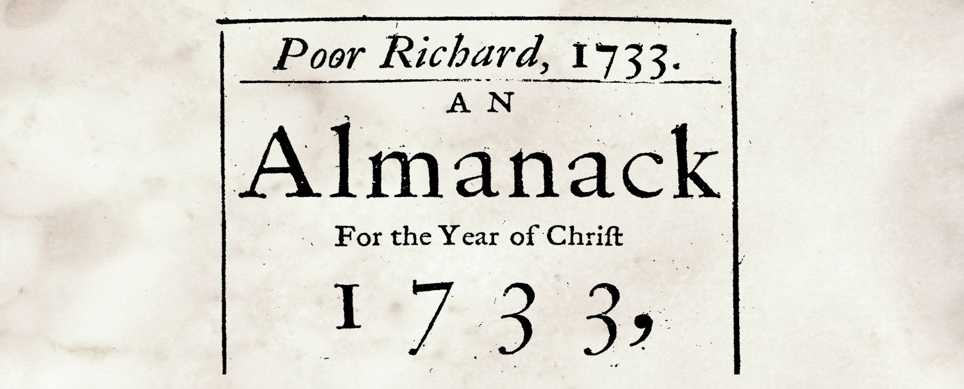 Title page of Poor Richard's Almanack, 1733. A black and white image showing title and year.