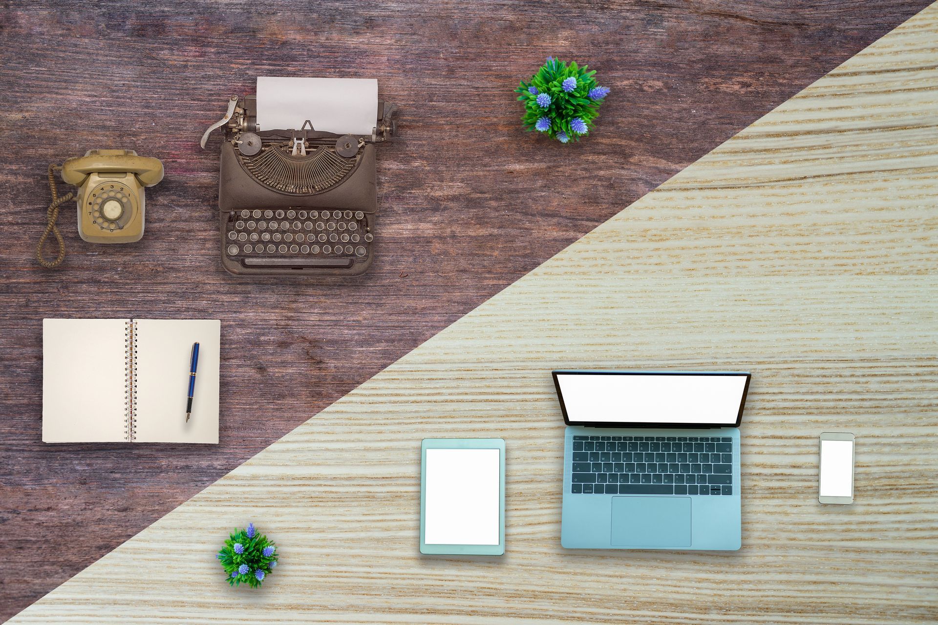 One half with a typewriter, rotary phone and notebook. The other half laptop, phone, and tablet