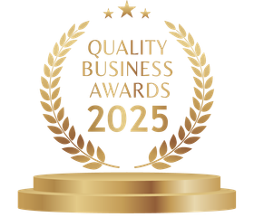Gold Quality Business Awards logo with laurel wreath and pedestal; 