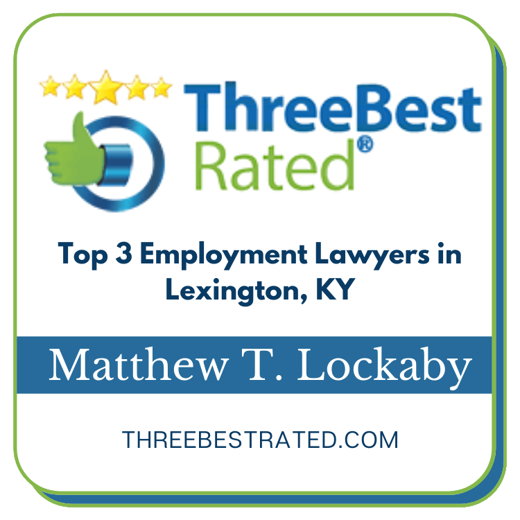 ThreeBestRated badge: Matthew T. Lockaby, top 3 employment lawyer in Lexington, KY. Green thumbs up icon, gold stars.